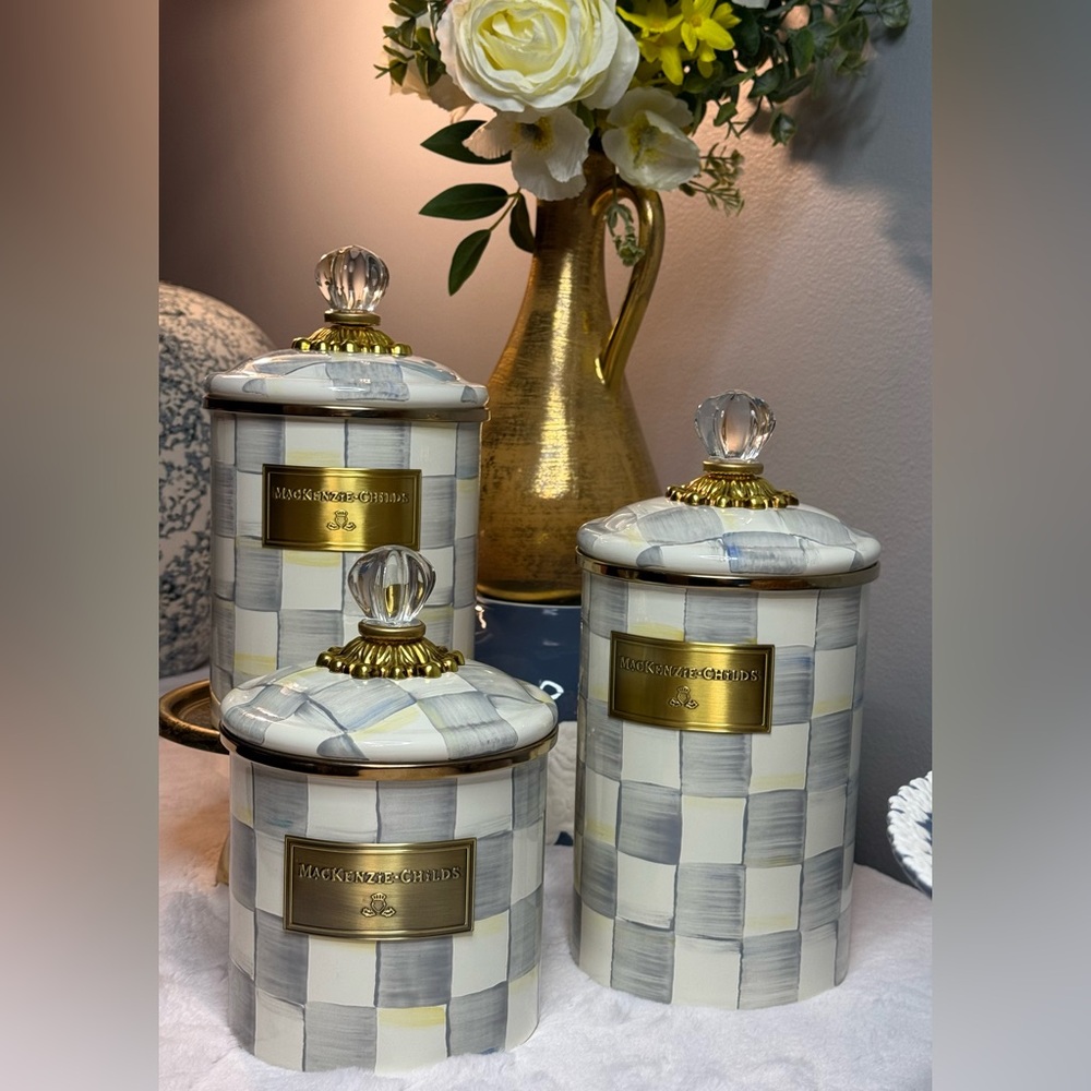 Mackenzie Childs Canisters- Sterling Check, set of 3, small medium and large.